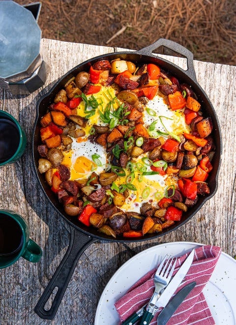 maple chorizo breakfast skillet in a black cast iron pan