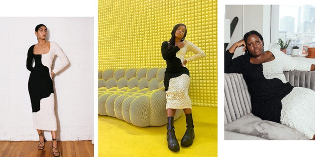 three women wear the mara hoffman amy dress while standing in front of backdrops of different colors 2022