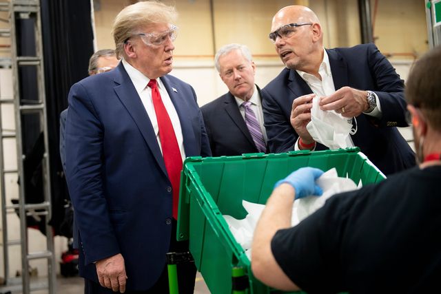 us president donald trump tours a honeywell international inc factory producing n95 masks during his first trip since widespread covid 19 related lockdowns went into effect may 5, 2020, in phoenix, arizona photo by brendan smialowski  afp photo by brendan smialowskiafp via getty images