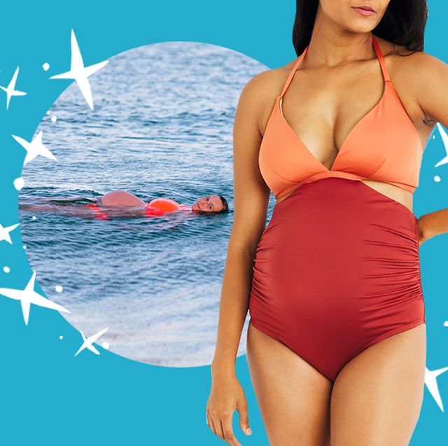pregnant woman floating in ocean and pregnant woman in maternity swimsuit