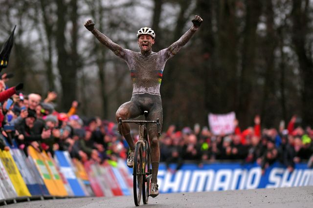 namur, belgium   december 22 arrival  mathieu van der poel of the netherlands and team corendon   circus  celebration  mud  during the 11th namur world cup 2019  ucicx  telenetucicxwc  on december 22, 2019 in namur, belgium photo by luc claessengetty images