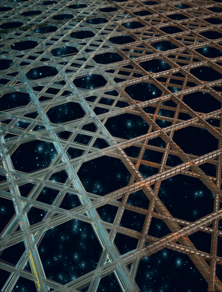 composite rendering that transitions from a glassy sponge skeleton on the left to a welded rebar based lattice on the right