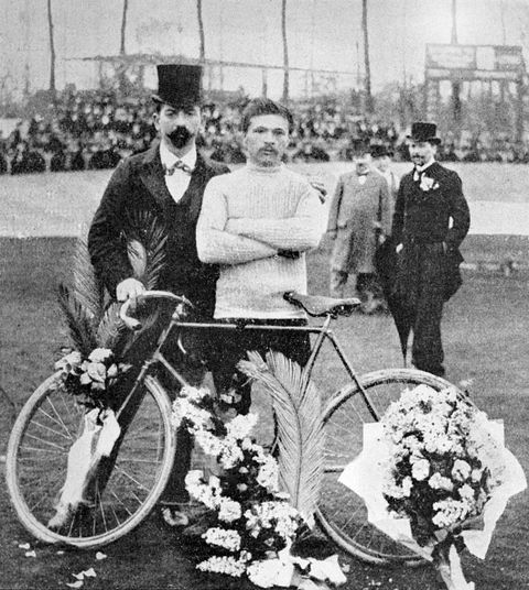 undated file photo shows french maurice garin c posing with an unidentified man italian born garin twice won the paris roubaix race 1897 98 before winning the first edition of the tour de france in 1903 garin died, age 85, in lens, northern france, 19 february 1957afp photofiles photo by str  afp        photo credit should read strafp via getty images