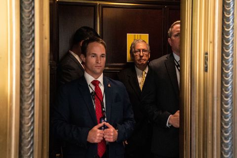 washington, ca may 18 senate minority leader mitch mcconnell r ky gets on a elevator after leaving a senate republican policy luncheon news conference on capitol hill on may 18, 2021 in washington, dc kent nishimura los angeles times via getty images