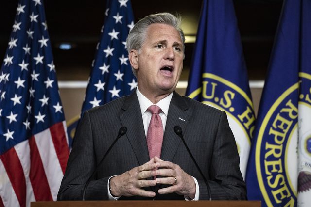 washington, dc   november 12 house minority leader kevin mccarthy r ca speaks during a press conference at the us capitol on november 12, 2020 in washington, dc mccarthy criticized his colleagues across the aisle and faced questions about the new republican house members that are on the more extreme end of the political spectrum photo by samuel corumgetty images  local caption  kevin mccarthy