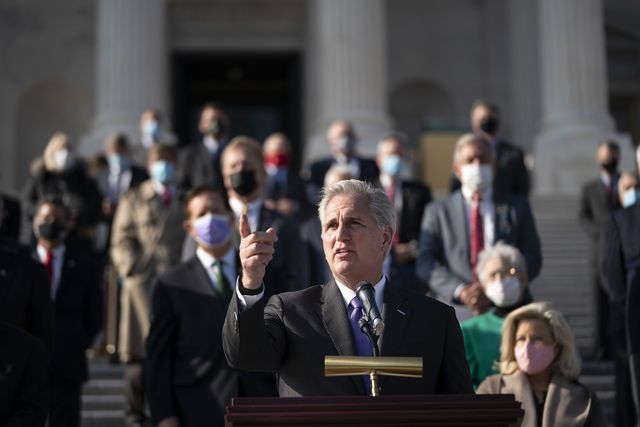 washington, dc   december 10 house minority leader kevin mccarthy r ca, surrounded fellow house republicans, speaks during a news conference outside the us capitol december 10, 2020 in washington, dc mccarthy and house republicans discussed their desire to extend the paycheck protection program and provide relief for small business owners and their employees who have been hurt by the coronavirus pandemic photo by drew angerergetty images