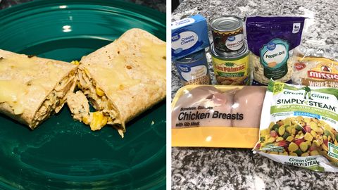 chicken enchilada on a green plate and the ingredients to make them