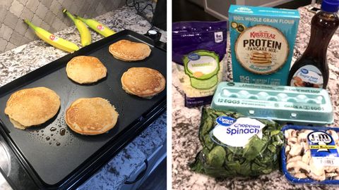 pancakes on griddle with egg scramble ingredients
