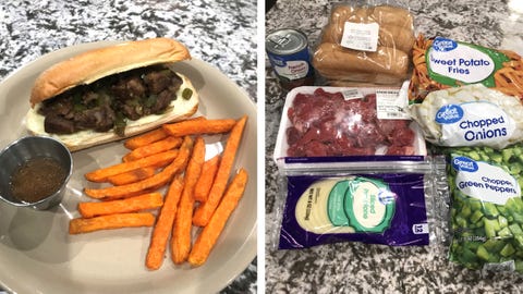 a complete philly cheesesteak sandwich and the ingredients to make it