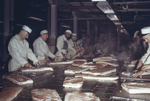men prepare bacon at a meat packing plant in chicago, usa, circa 1955 photo by archive photosgetty images