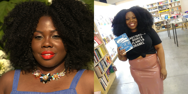 Mecca Woods a side by side showing two photographs of mecca woods, a black woman astrologer with curly hair left a headshot showing mecca in a blue top, gold necklace, and with red lipstick right mecca standing in a bookstore holding a copy of her book astrology for happiness success, which has a blue cover she's wearing a long pink skirt and a black crop top reading "sagittarius books planes dranks"