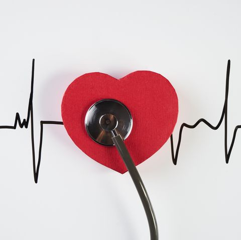 Medical stethoscope and red heart with cardiogram