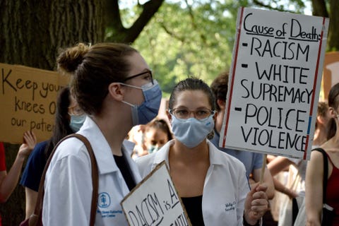 medical workers rally in new york city, united states following death of african american george floyd