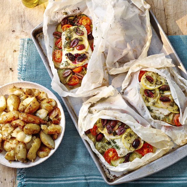 mediterranean cod en papillote with crushed potatoes