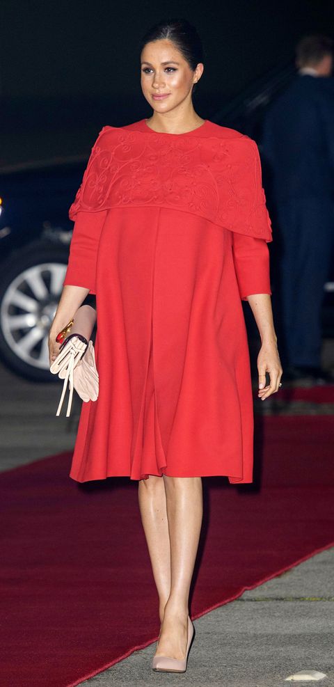 Meghan Markle Looks A Vision In Red As She Starts Her Moroccan Royal Tour With Prince Harry