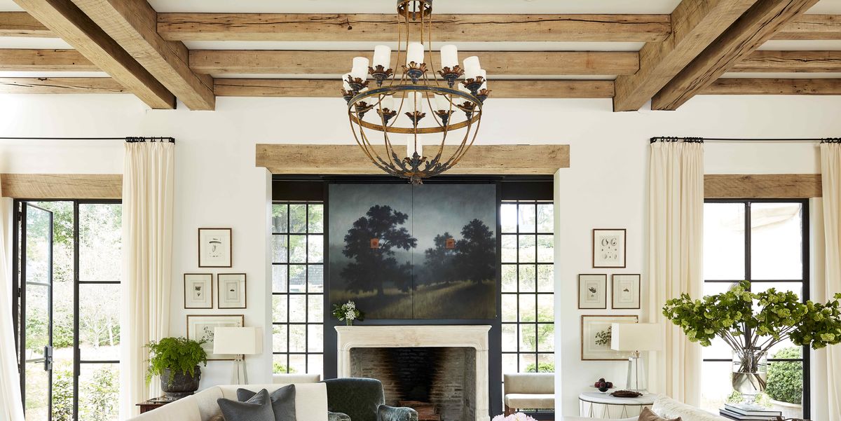 living room with cream fireplace