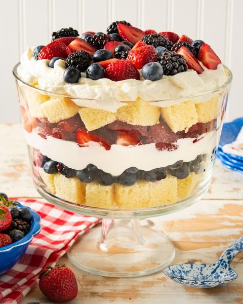 red white and blue trifle in glass bowl