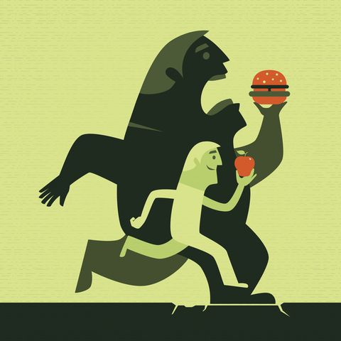 men with apple and hamburger running silhouette