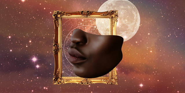 a golden picture frame is placed over a starry sky with a moon in the background the bottom of a person with dark skin's face showing a nose, cheek, and lips are placed over the picture frame