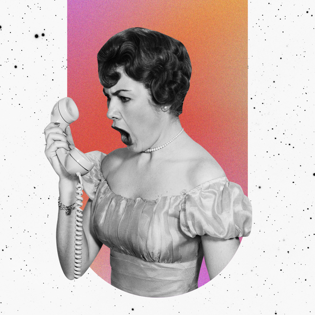 a vintage photo of a woman yelling into a phone is laid over a multicolored background