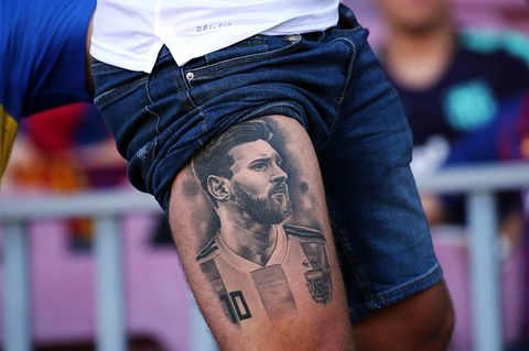 leo messi supporter with tattoo during the match between fc barcelona and ca boca juniors, corresponding to the joan gamper trophy, played at the camp nou, on 15th august, 2018, in barcelona, spain  
    photo by urbanandsportnurphoto via getty images