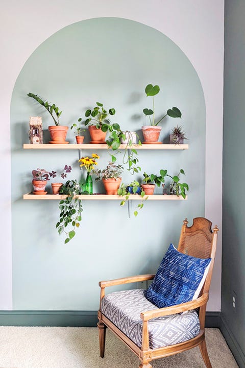 upcycling idea painted arch with open wood shelves full of plants upcycling idea painted arch with open wood shelves full of plants