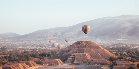 View of the Teotihuacan pyramids from a hot air balloon