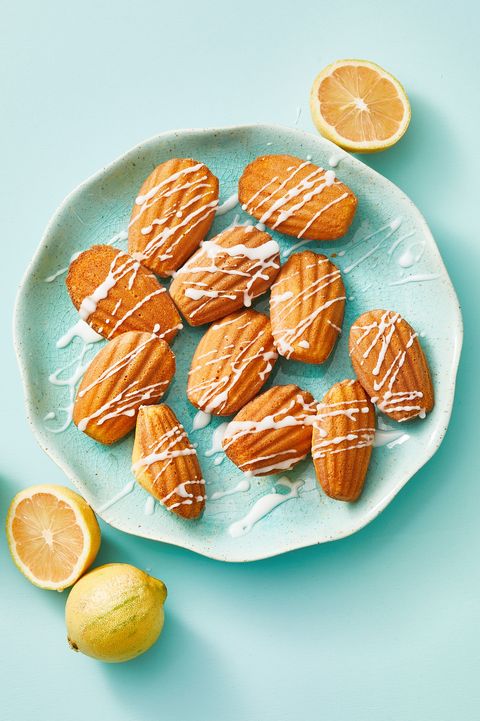 meyer lemon madeleines on a blue plate