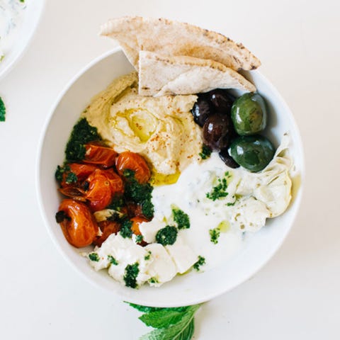 Mezze Bowls with Hummus, Tzatziki, and Basil Mint Pesto Mezze Bowls with Hummus, Tzatziki, and Basil Mint Pesto