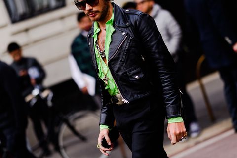 Street fashion, Eyewear, Green, Fashion, Leather, Jacket, Sunglasses, Leather jacket, Yellow, Suit, 
