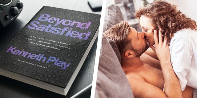 kenneth play's book, beyond satisfied, next to an image of a man and woman kissing on the couch
