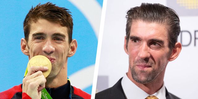 split image michael phelps with medal and michael phelps now