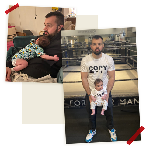Chris Baugh with his daughter in front of a boxing ring collage of photos showing chris baugh with his daughter, or of himself exercising