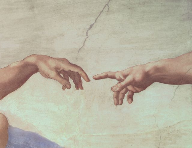 hands of god and adam, detail from the creation of adam, from the sistine ceiling, 1511 fresco post restoration photo by art images via getty images