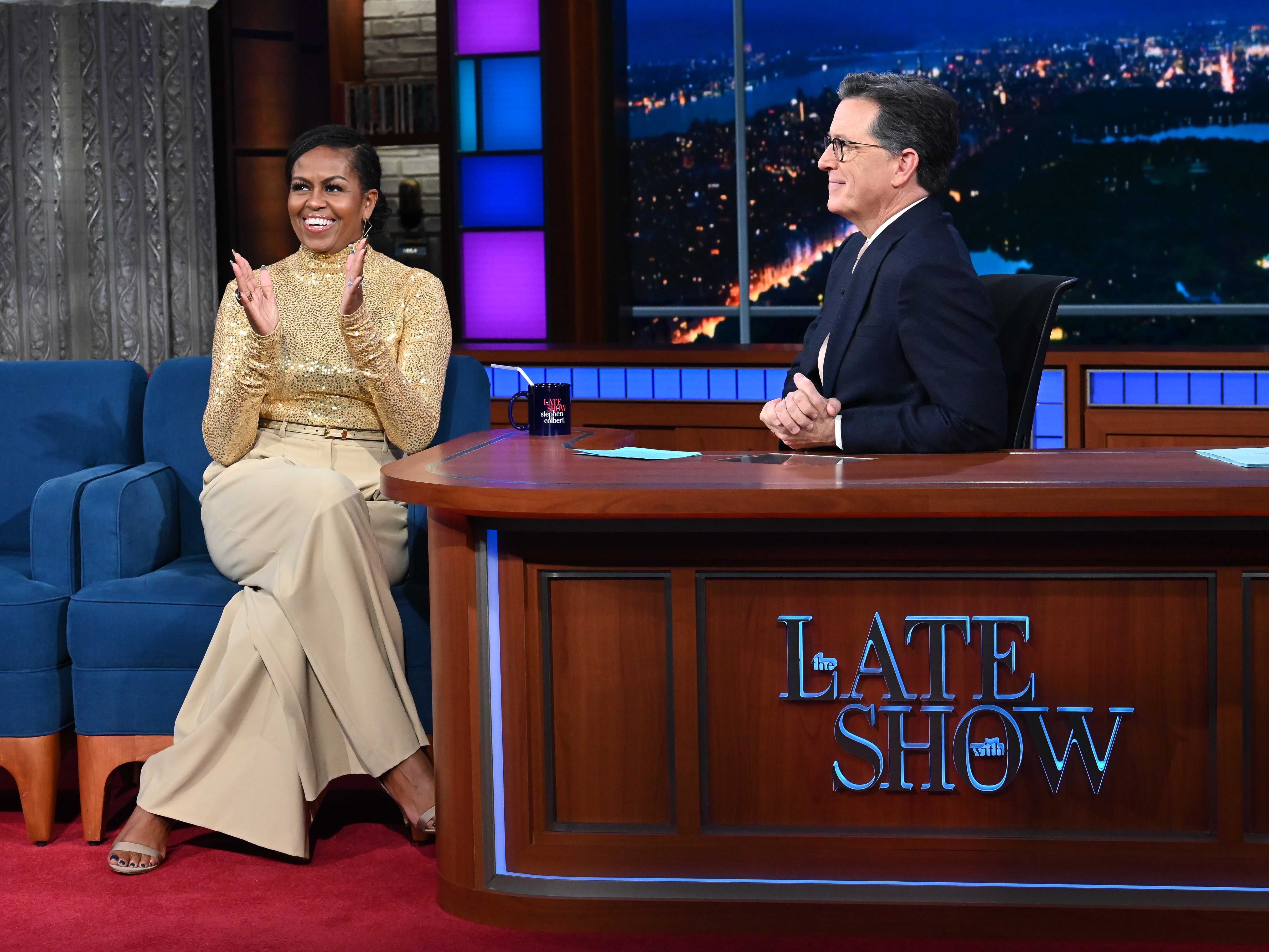 Michelle Obama Masters Late-Night Style in Gold Turtleneck & Strappy ...