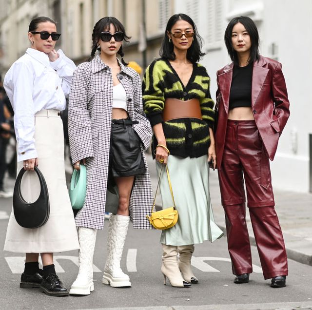 paris, france   october 02 sarah lou falk, yan xia, pornwika spiecker and meng mao are seen outside the vivienne westwood show during paris fashion week ss 2022 on october 02, 2021 in paris, france photo by daniel zuchnikgetty images