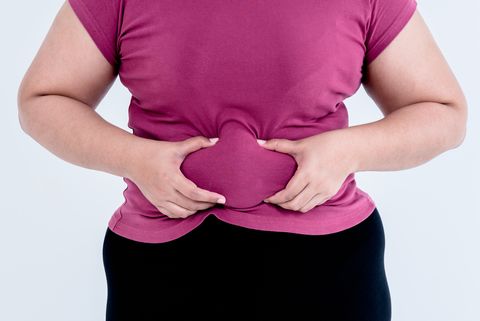 midsection of person holding abdomen against white background