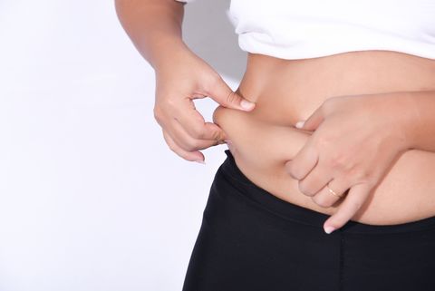 Midsection Of Woman Holding Belly While Standing Against White Background