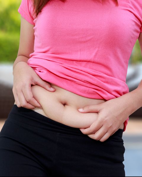 midsection of woman pinching belly fat