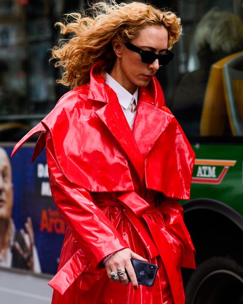 Red, Fashion, Street fashion, Outerwear, Eyewear, Sunglasses, Jacket, Vehicle, Coat, Long hair, 