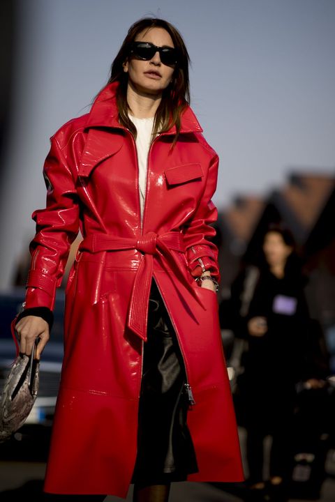 Fashion model, Runway, Clothing, Fashion, Fashion show, Coat, Red, Overcoat, Trench coat, Outerwear, 