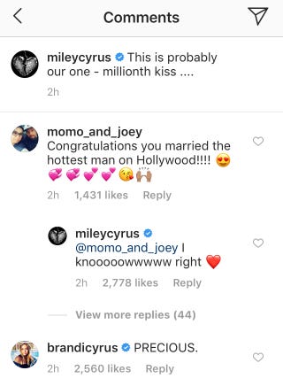 Miley Cyrus confirms Liam Hemsworth wedding in Instagram comment Miley Cyrus confirms Liam Hemsworth wedding in Instagram comment