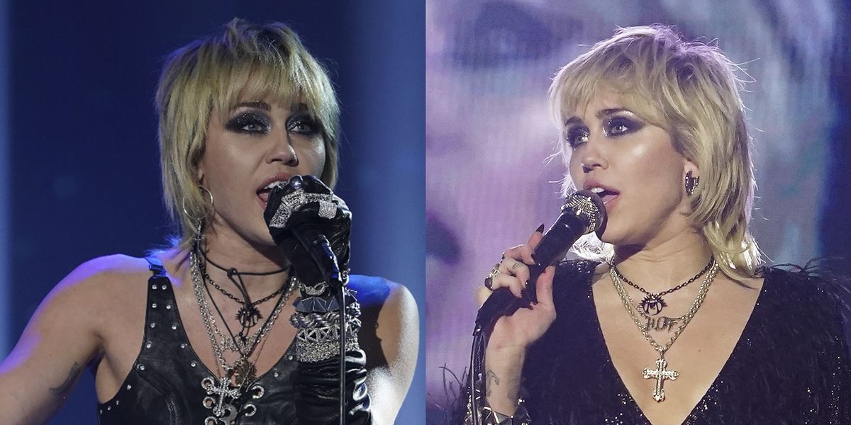 Miley Cyrus wore tight leather pants and a feather mini dress