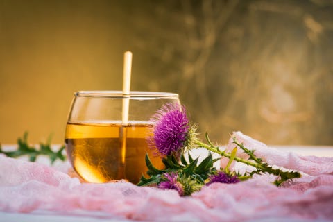 milk thistle herbal tea and flower isolated against golden background