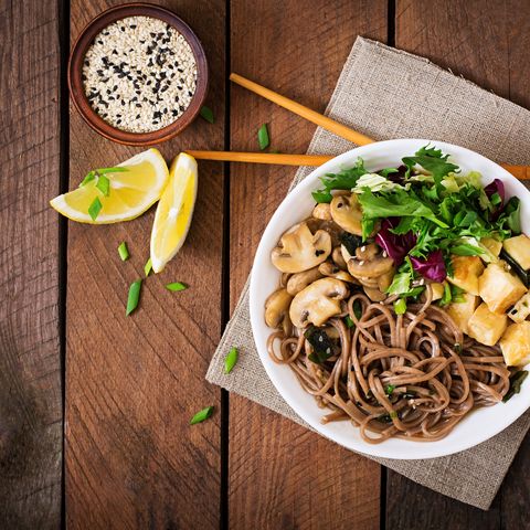 Miso and soba noodle soup with roasted tofu and mushrooms.