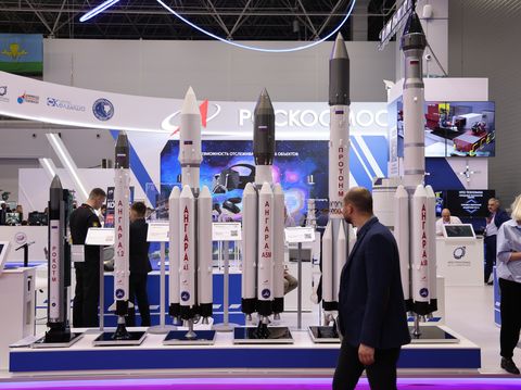 display rockets at the roscosmos state corporation for space activities roscosmos pavilion at the army 2021 expo in moscow, russia, on sunday, aug 22, 2021 president vladimir putin has recently boasted of the countrys new hypersonic weapons, claiming they are capable of avoiding us defenses at up to 20 times the speed of sound photographer andrey rudakovbloomberg via getty images