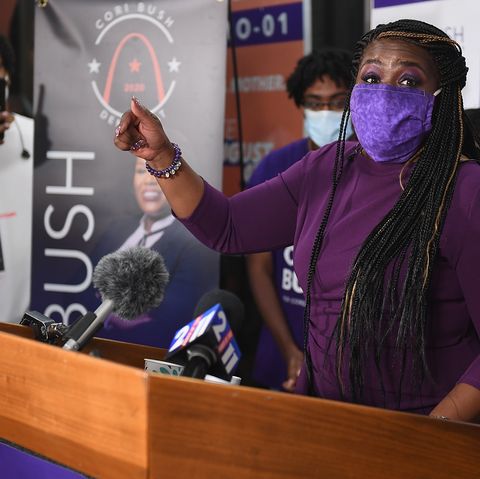 cori bush gives her victory speech at her campaign office on august 4, 2020 in st louis, missouri