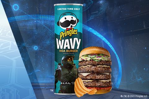 wavy pringles can in teal with a video game man on it from halo
