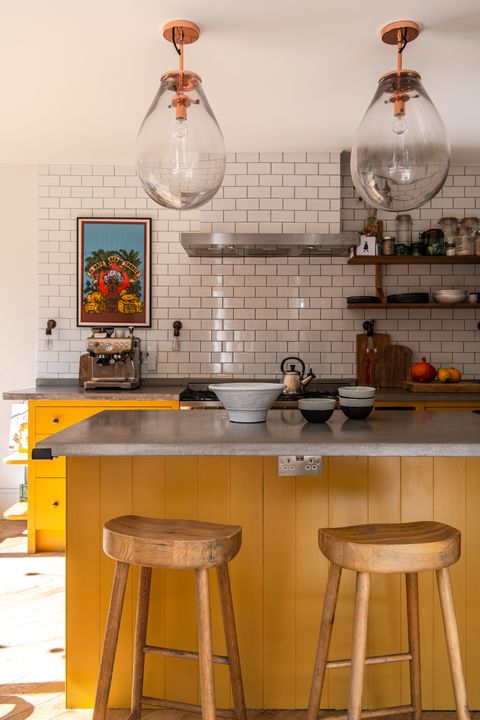 modern kitchen  yellow painted cabinets and kitchen island