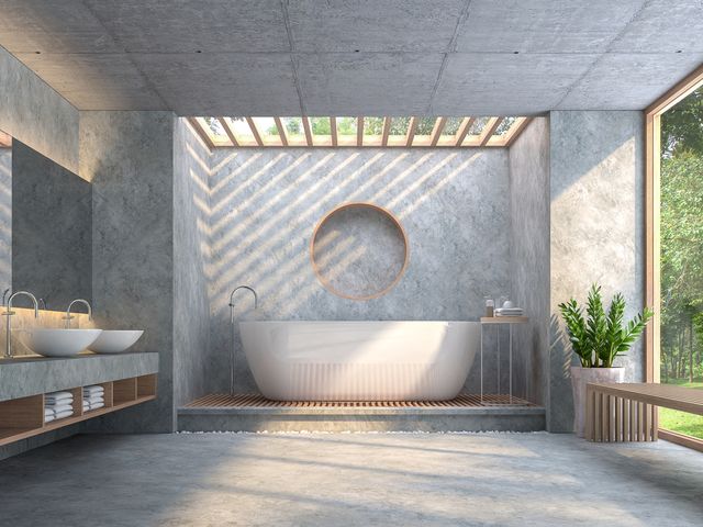 modern loft style bathroom with polished concrete 3d render